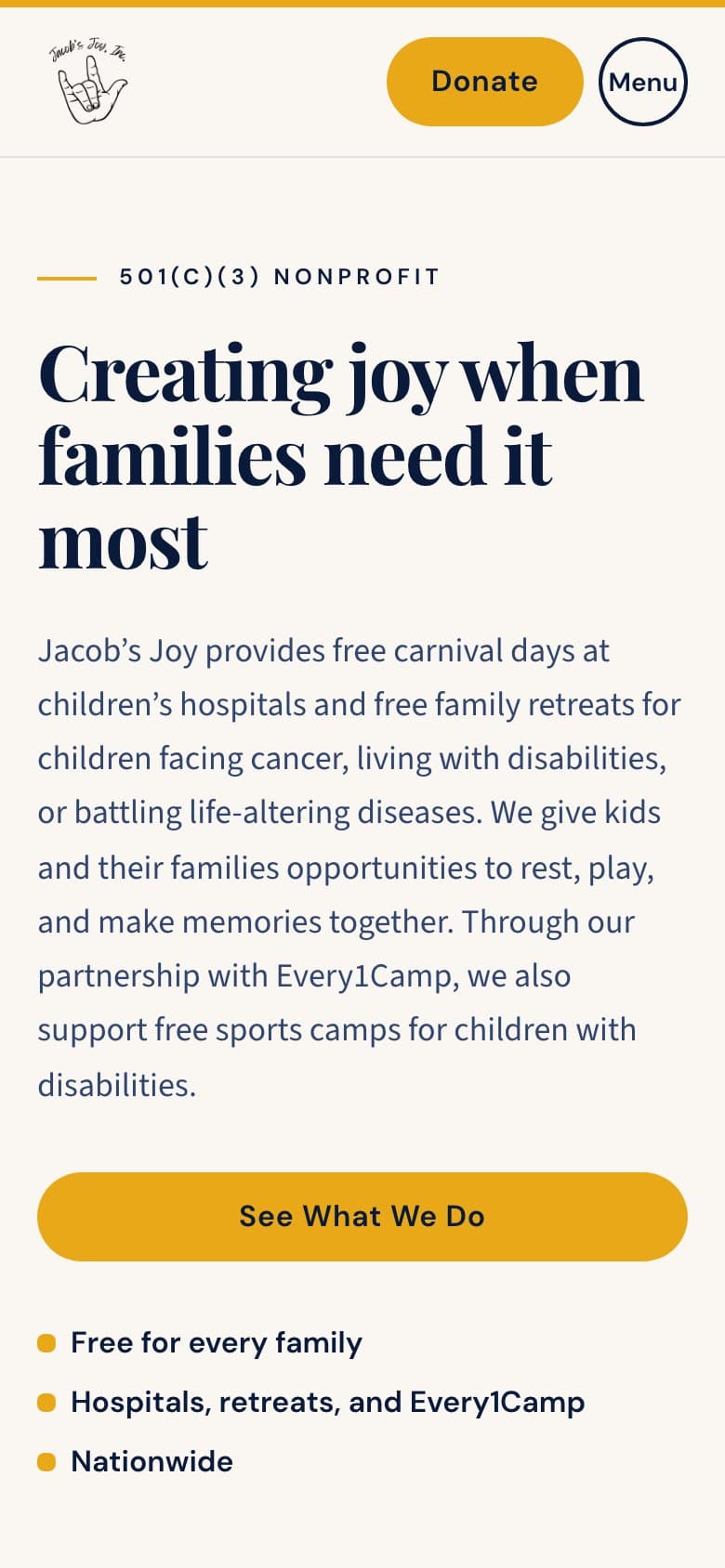 Mobile screenshot of the Jacob’s Joy website