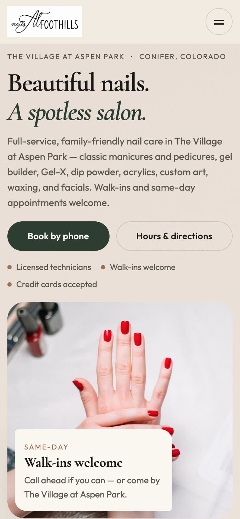 Mobile screenshot of the Nails at Foothills website